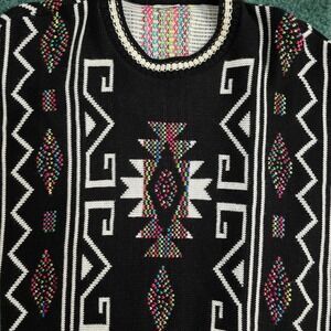 D'Carlo Women's Black Geometric Aztec Native American Fringe Poncho Vintage OS